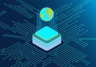 Cpu çipi ve devre kartı izometrik toprak ile