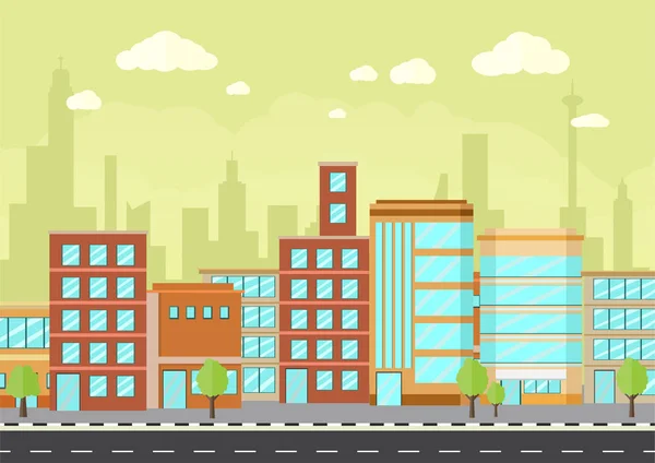 Paisaje urbano con edificios contemporáneos, y carretera — Vector de stock