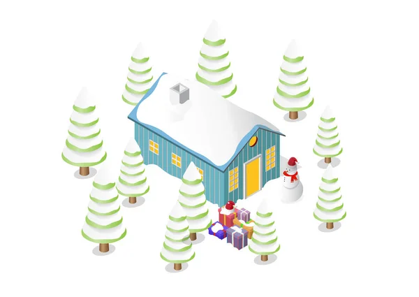 Рождественский дом, елка, снеговик и подарочные коробки — стоковый вектор