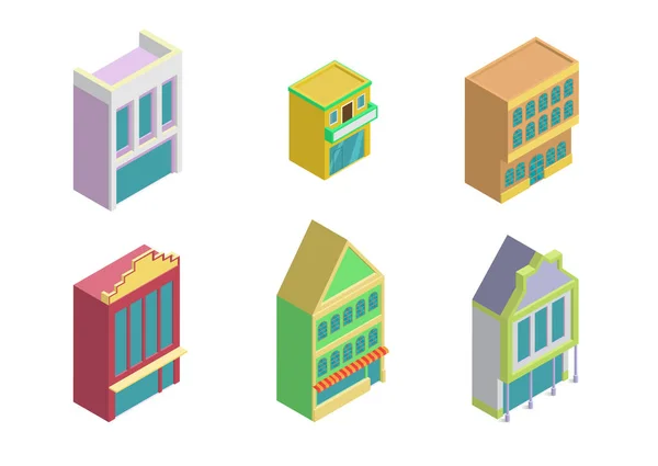 Isometric city shop buildings icon set — Stock Vector