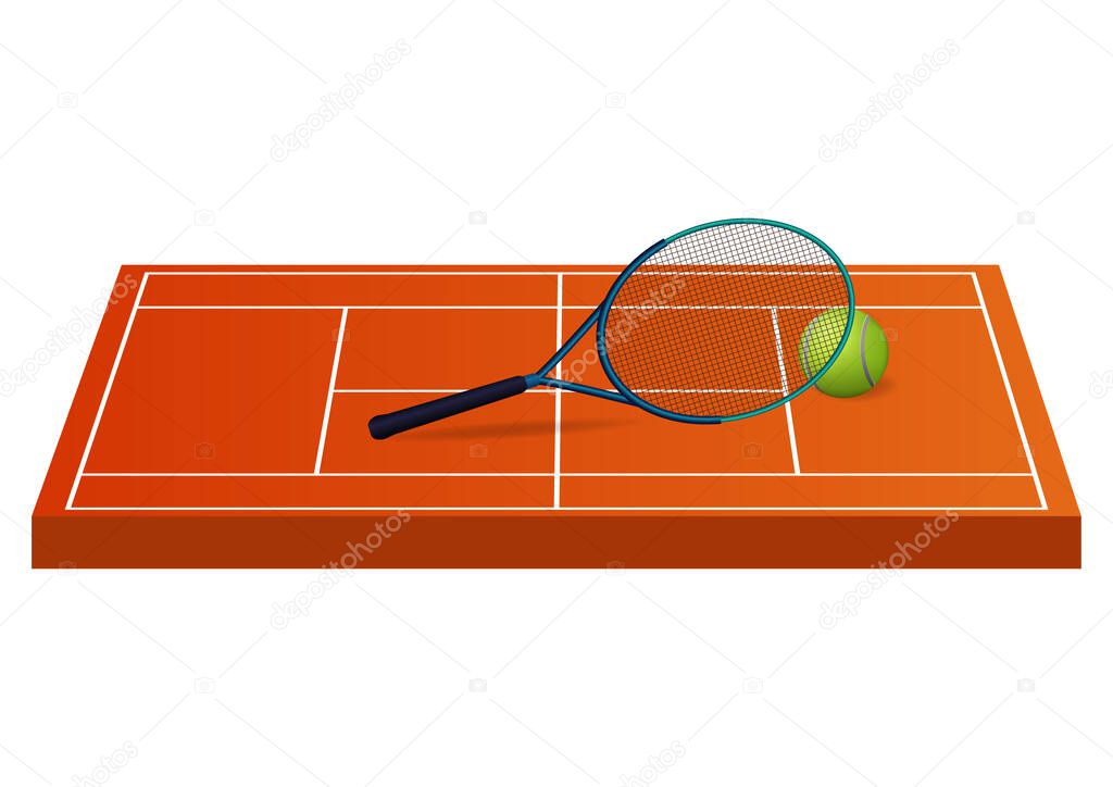 Tennis field with ball and racket. Vector illustration