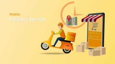 Vector Delivery online akıllı telefondan alışveriş yapıyor. Vektör illüstrasyonu