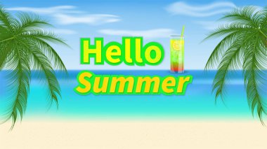 Okyanusun arka planındaki yaz mevsimi. Yaz kutlaması afişi tasarımı