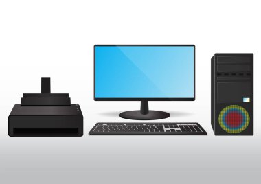 Vektör bilgisayar simgesi ayarlandı. monitör, klavye, yazıcı ve pc