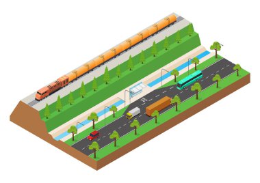 Vektör izometrik. Petrol sarnıç treni otobanın yanındaki raylarda çalışıyor.