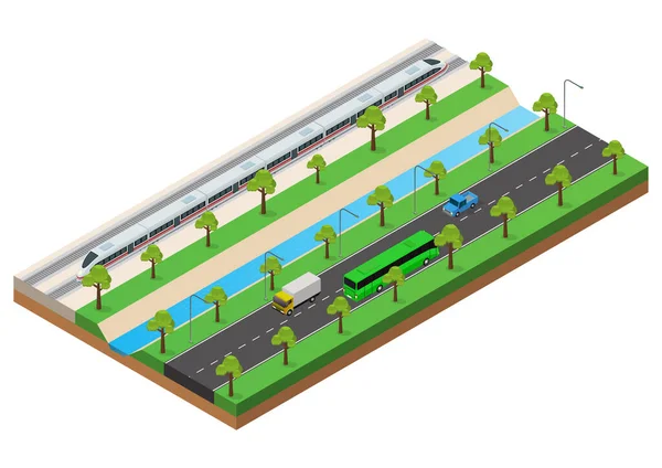 Vektorisometrisch Fährt Der Hochgeschwindigkeitszug Auf Den Schienen Neben Der Autobahn — Stockvektor