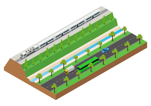 Vektorisometrisch Fährt Der Personenzug Auf Den Schienen Neben Der Autobahn — Stockvektor
