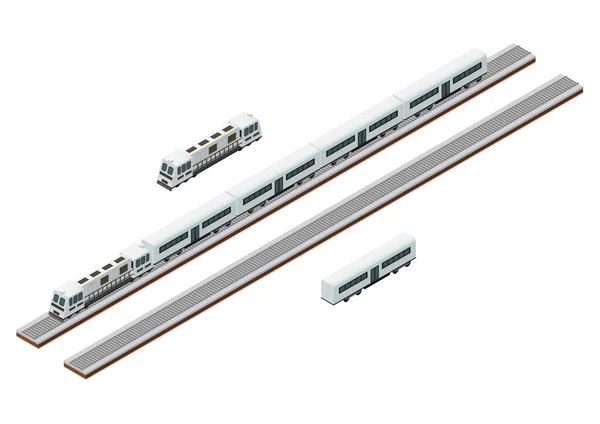 Wektor Isometryczne Tory Kolejowe Pociąg Pasażerski Odizolowane Biało — Wektor stockowy