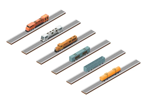 白で隔離されたトラック上のベクトル等距離列車 貨物及び旅客用機関車及び客車 — ストックベクタ