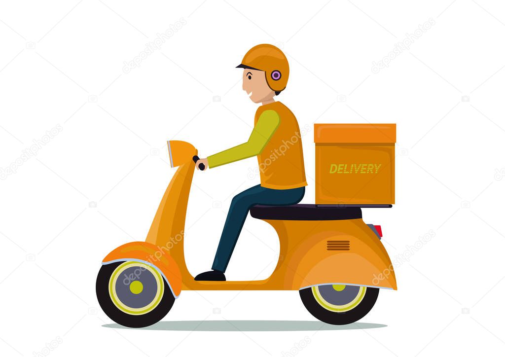 Delivery man riding motorcycle, Send order package to customer. Isolation on white