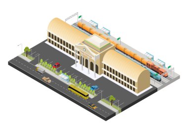 Trenleri, platformları ve ilgili altyapısı olan vektör izometrik kamu tren istasyonu binası