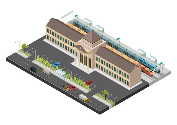 Векторна Ізометрична Будівля Громадської Залізничної Станції Поїздами Платформою Супутньою Інфраструктурою — стоковий вектор