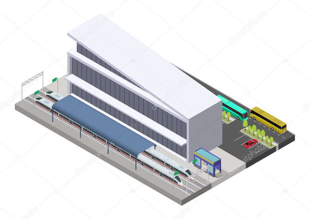 Vector isometric public train station building with trains, platform, and related infrastructure