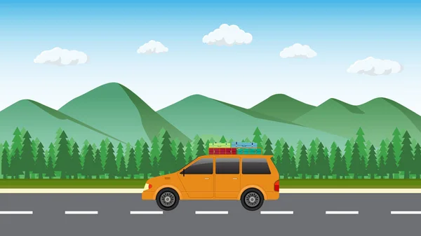 Travel Car Mountain Background World Travel Tourism Summer Holiday Flat — Stock Vector