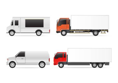 Beyaz arka planda izole edilmiş ticari ulaşım ve dağıtım kamyonlarının vektör çizimleri.