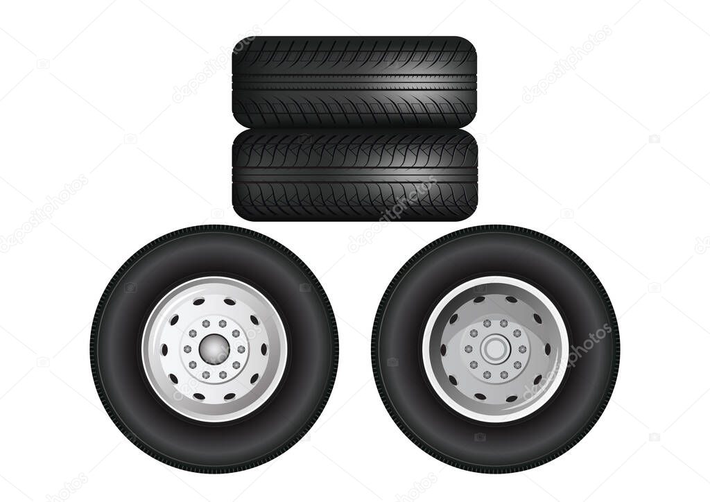 Stacked truck wheels. Truck Black rubber tires on a white background.