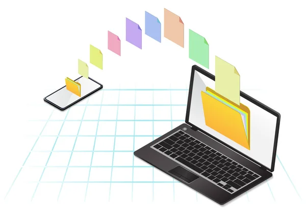 画面上のフォルダとノートパソコンに転送されたファイルと等価性の高いスマートフォン ファイル共有の概念 — ストックベクタ