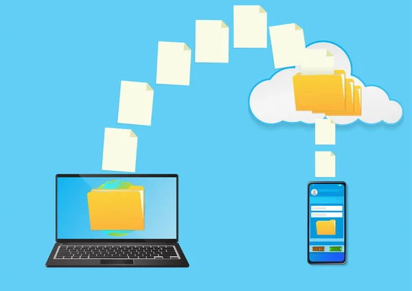 Smartphone Složkou Obrazovce Soubory Převedeny Cloudu Notebooku Koncepty Sdílení Souborů — Stockový vektor