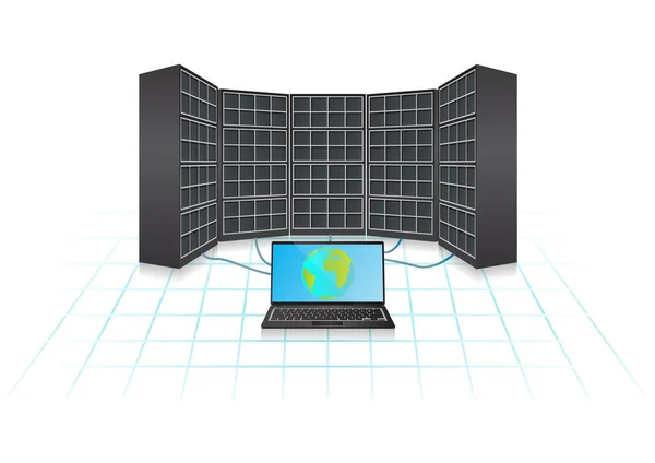 クラウドデータセンターのサーバールームのラップトップ ベクターイラスト — ストックベクタ