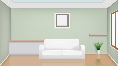 Oturma odasındaki beyaz kanepe gerçekçi iç mekan çizimi