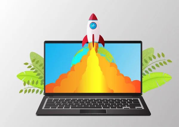 Business Start Concept Template Met Laptop Raket Vliegen Uit Het — Stockvector