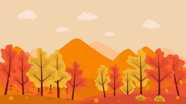 秋の田園風景 木々や黄色 紅葉と山の風景です 水平パノラマの秋の風景 — ストックベクタ