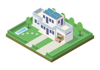 Modern Lüks Isometric Yeşil Güneş Panelli Çevreci Ev. Gayrimenkul broşürleri ve diğer grafiksel varlıklar için uygun.