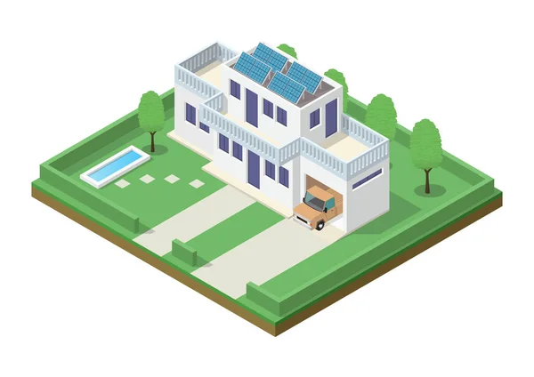 Modern Luxury Isometric Green Eco Friendly House Solar Panel Подходит — стоковый вектор