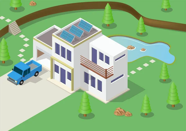 Modernes Isometrisches Green Eco Friendly House Mit Sonnenkollektor Geeignet Für — Stockvektor