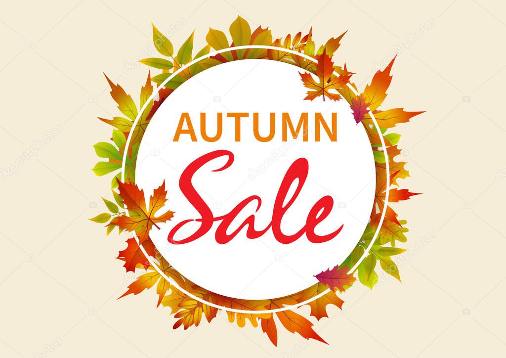 Abstract Illustration Autumn Sale Background with Falling Autumn Leaves.