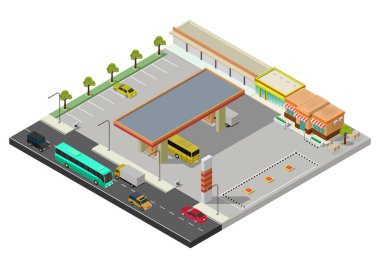 Isometric benzin istasyonu, benzin istasyonu, benzin pompası, araba, dükkan, petrol istasyonu, benzin. Vektör illüstrasyonu.