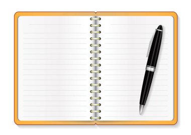 Gerçekçi model bir kalemle defter açtı. Vektör illüstrasyonu