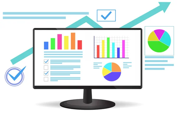 Kalkylblad Datorskärmen Redovisningsrapport Analys Revision Projektledning Marknadsföring Vektorillustration Forskning — Stock vektor