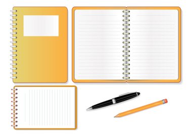 Not defterleri, not defterleri, kalem ve kalem beyaz arka planda izole edilmiş. Dekoratif tasarım ögeleri.