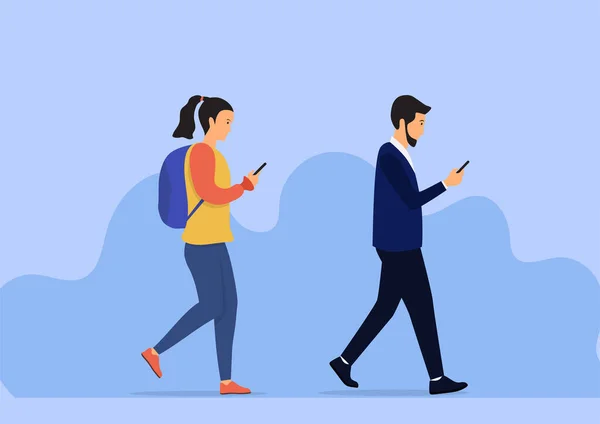 Yürüyen insanlar cep telefonlarını kontrol ediyor. Vektör düz tasarım çizimi