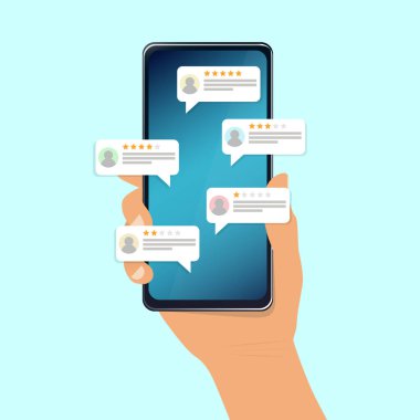 İnceleme, geri bildirim, akıllı telefondan balon değerlendirmesi. Vektör illüstrasyonu