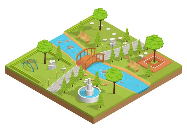 Nehir ve ahşap köprüsü olan parkın Isometric çizimi.