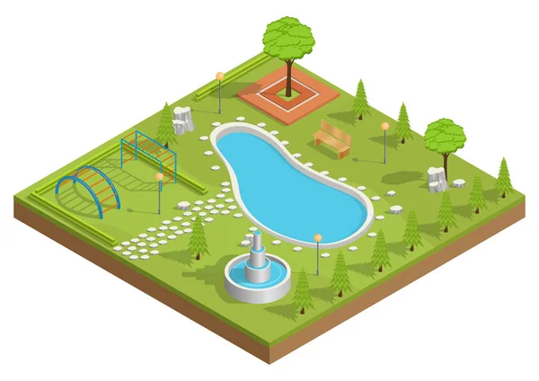 Yüzme havuzu ve oyun parkı olan parkın Isometric çizimi.