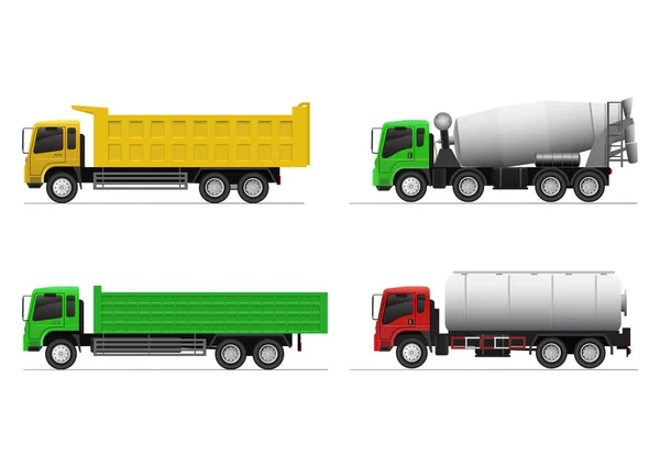 Realistische Zware Vrachtwagen Pictogram Set Dump Truck Gondel Truck Beton — Stockvector