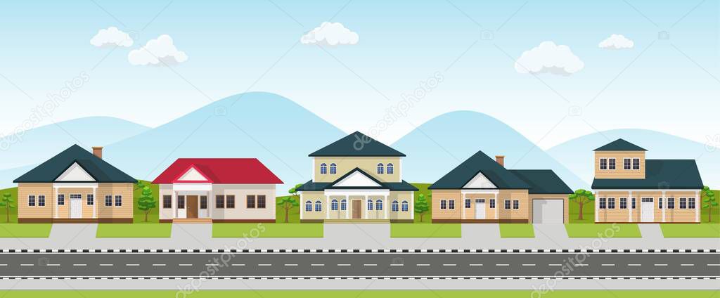 Row of house neighborhood. Residential buildings on suburban street.