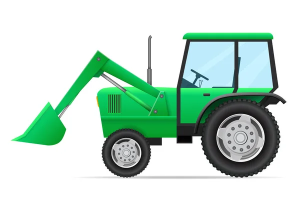 Vista Lateral Del Vehículo Agrícola Tractor Verde Nivelador Con Cubo — Archivo Imágenes Vectoriales