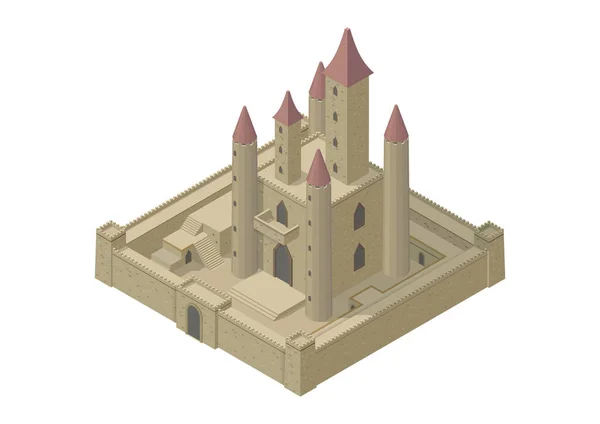 Duvarları Kapıları Kuleleri Olan Vektör Izometrik Ortaçağ Kalesi — Stok Vektör
