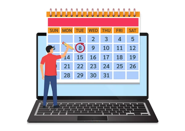 Hombre Hace Una Cita Aplicación Calendario Portátil Ilustración Vectorial — Vector de stock