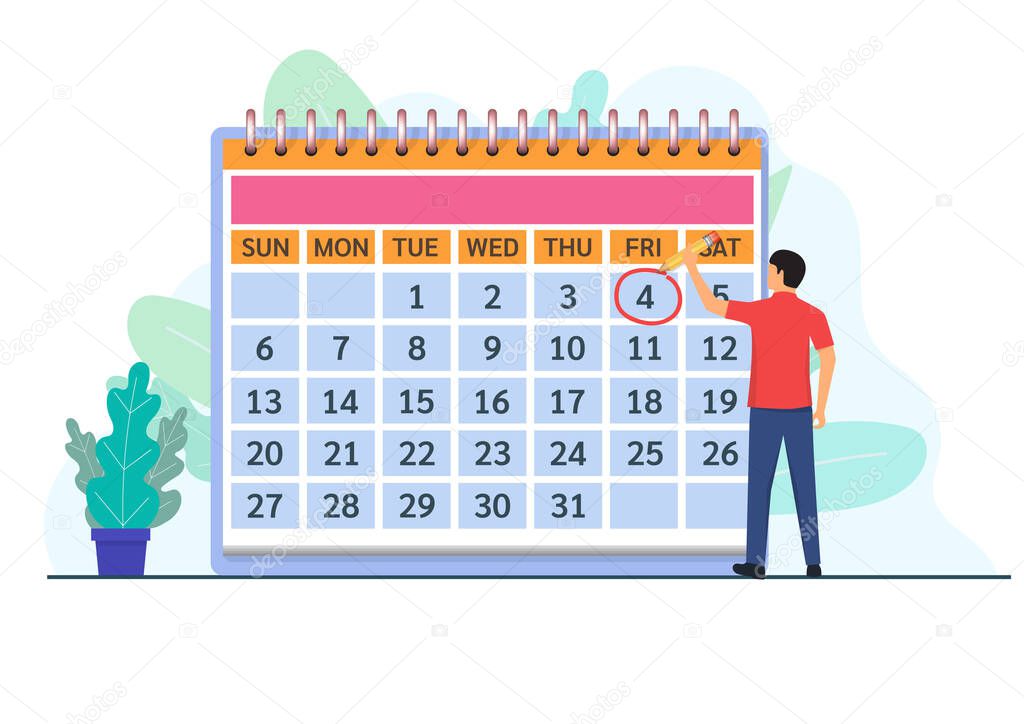 A man makes an appointment on the calendar selected the desired date. Vector illustration.