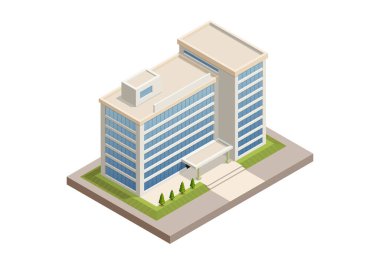 İzometrik modern ofis ya da beyaz üzerine izole edilmiş otel dairesi.