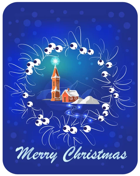 Snow Covered Village Mountains Christmas Wreath Christmas Star Snowy Village — Stock Vector