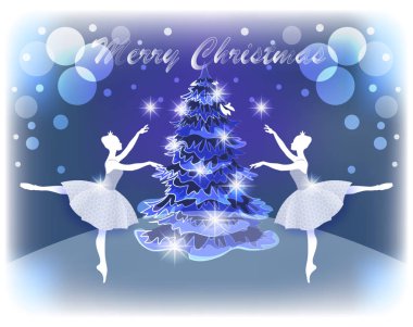 Yeni yıl dans Noel ağacının etrafında çember balerin'ın ihale kar taneleri