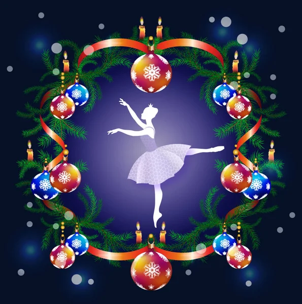Tender Snow Ballerina Dancing Center Christmas Wreath — Stock Vector