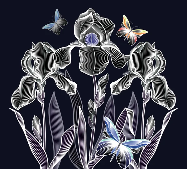 Tres delicados iris contorneados con mariposas en colores pastel — Vector de stock