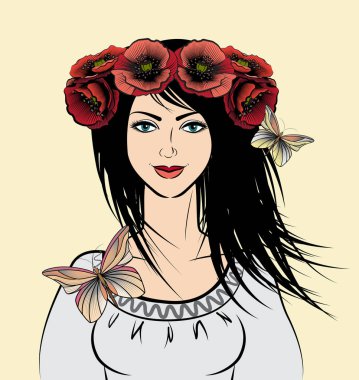 Kelebeklerle çevrili kırmızı haşhaşlı bir kız. Romantik tasarım. Dekoratif grafik öğesi.